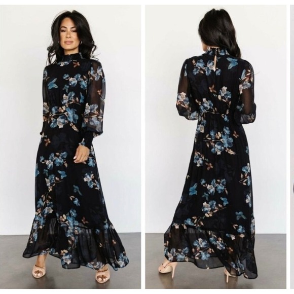 Baltic Born Dresses & Skirts - Baltic Born Size Medium Luciana Black Floral Mock Neck Puff Sleeve Maxi Dress